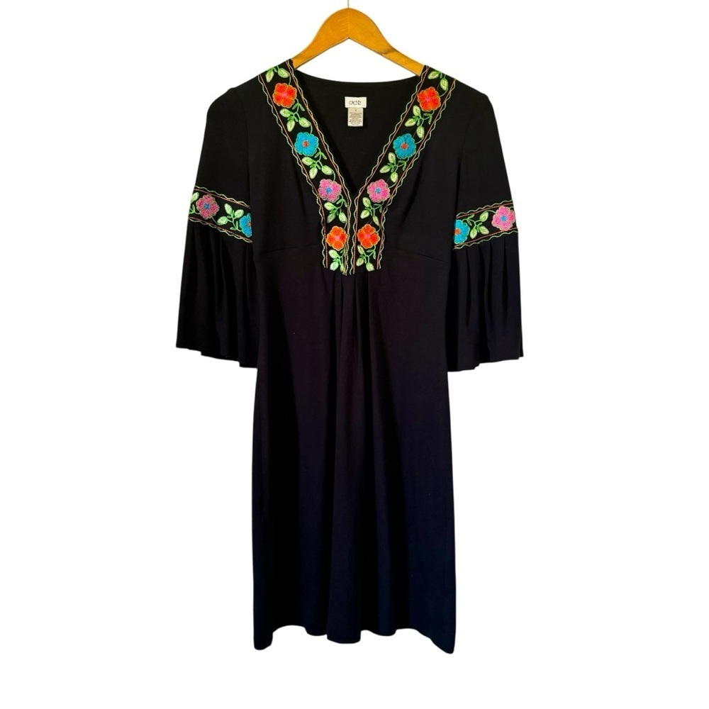 Cache Embroidered Mini‎ Dress Black Floral Bell Sleeves Vintage Y2K Womens Small